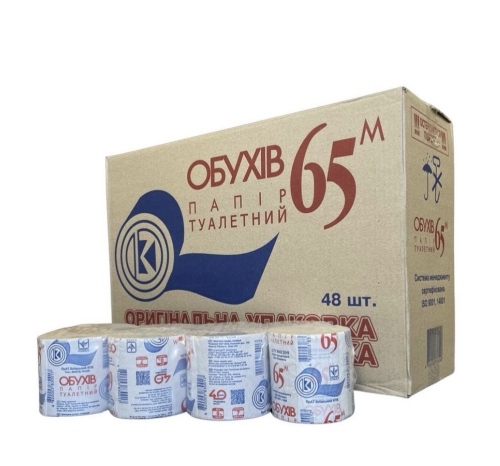 Туалетний папір Обухів 65м б/гільзи в гофроящиках по 48 рул. сірий 